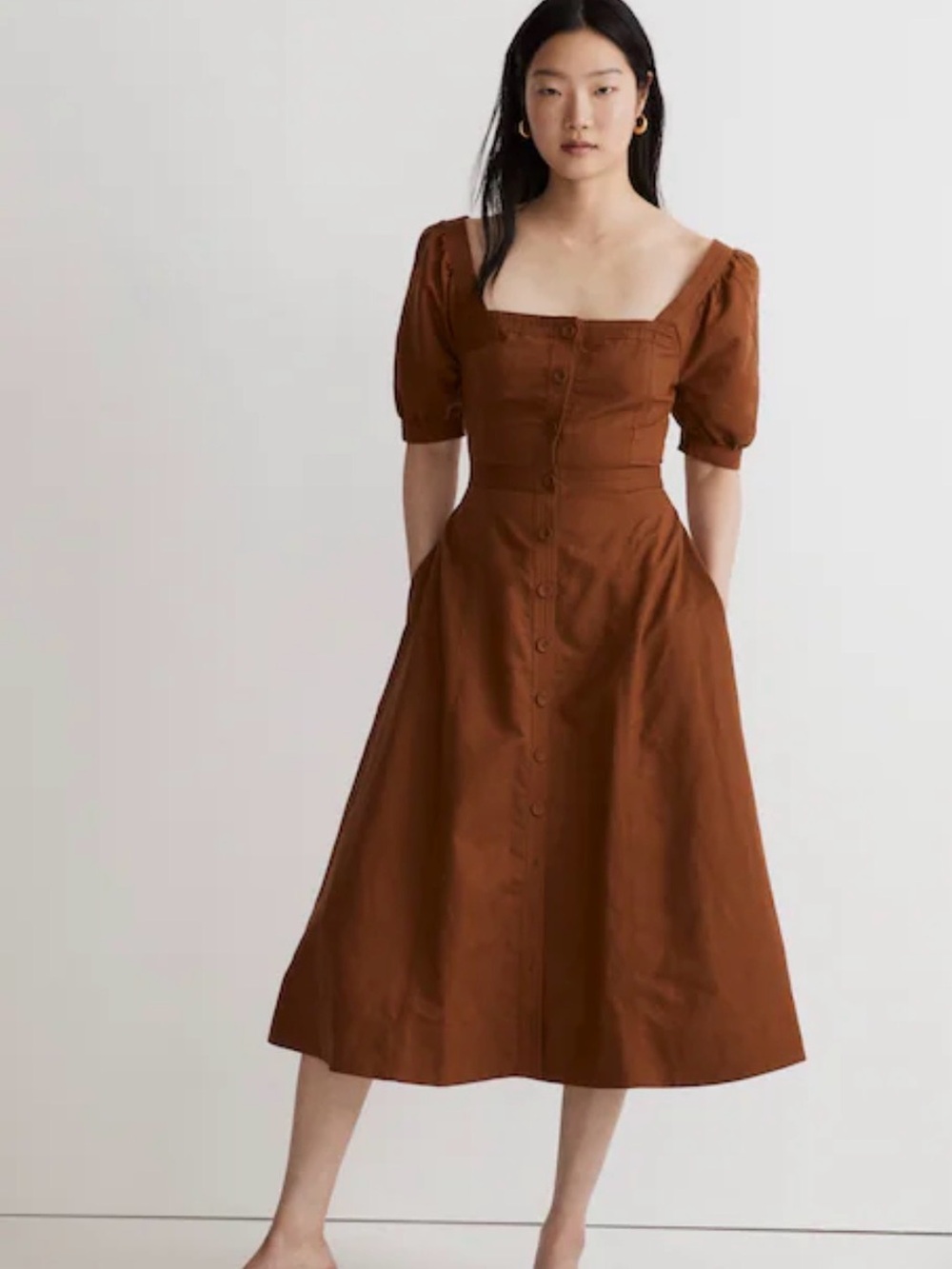 Madewell Seamed Puff-Sleeve Button Down Midi Dress in Warm Coffee . Size 4 #559
